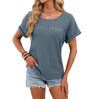 Women's Casual Scoop Neck Short Sleeve Waffle Knit Hollow Out Shirts Loose Tunic Tops