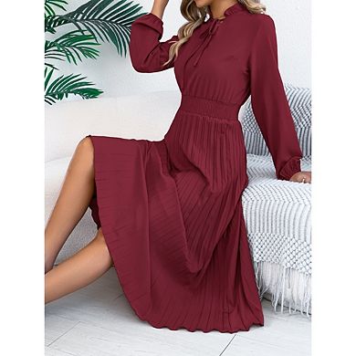 Women's Mock Neck Lantern Long Sleeve Pleated Midi Dresses Solid Color Elegant Casual Dress