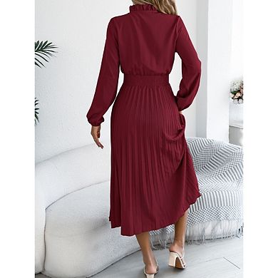Women's Mock Neck Lantern Long Sleeve Pleated Midi Dresses Solid Color Elegant Casual Dress