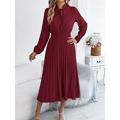 Women's Mock Neck Lantern Long Sleeve Pleated Midi Dresses Solid Color Elegant Casual Dress