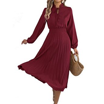 Women's Mock Neck Lantern Long Sleeve Pleated Midi Dresses Solid Color Elegant Casual Dress