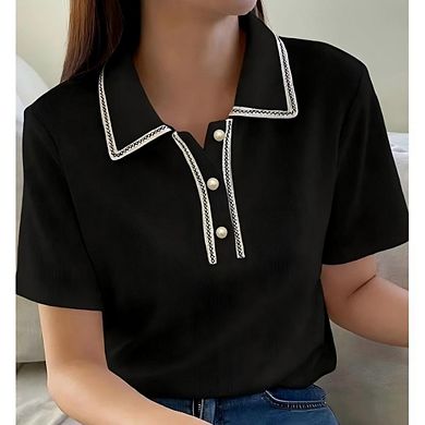 Casual Work Top for Women's Short Sleeve Polo V Neck Ribbed Knit Pullover Tops