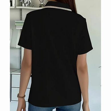 Casual Work Top for Women's Short Sleeve Polo V Neck Ribbed Knit Pullover Tops