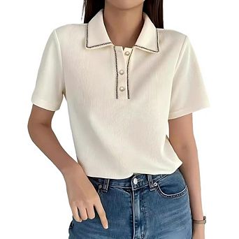 Casual Work Top for Women's Short Sleeve Polo V Neck Ribbed Knit Pullover Tops