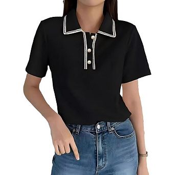 Casual Work Top for Women's Short Sleeve Polo V Neck Ribbed Knit Pullover Tops