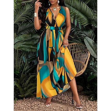Women's V Neck Sleeveless Dresses Elegant Stylish Printed Boho Maxi Dress