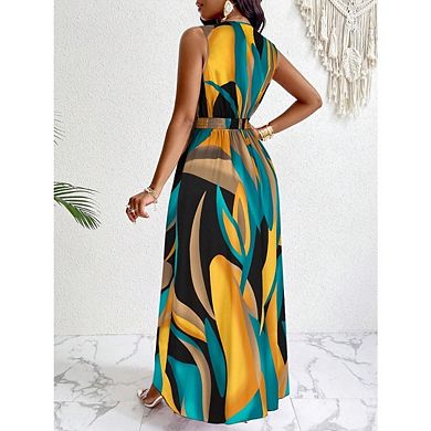 Women's V Neck Sleeveless Dresses Elegant Stylish Printed Boho Maxi Dress