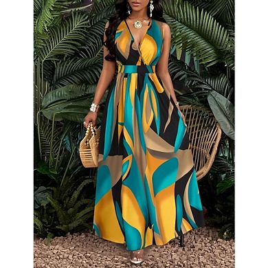 Women's V Neck Sleeveless Dresses Elegant Stylish Printed Boho Maxi Dress