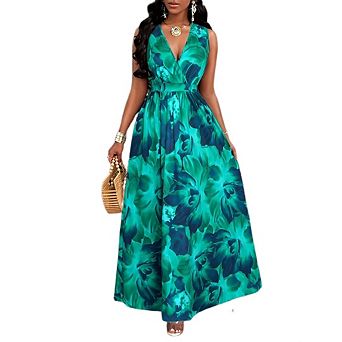 Women's V Neck Sleeveless Dresses Elegant Stylish Printed Boho Maxi Dress