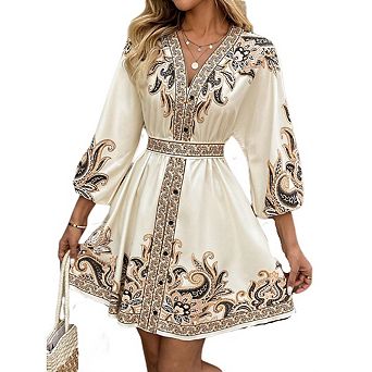 Boho 3/4 Sleeve Paisley Mini Dress Empire Waist, V-Neck & Ruffle Trim