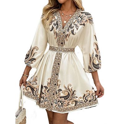 3/4 sleeve boho dress Bohemian Holiday Lace Dress White 3/4 Length Sleeve Maxi Dress-chiclody, White  S