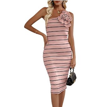 Women's One Shoulder Striped Dresses Off Shoulder Bodycon Midi Dress