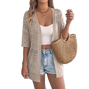 Women Lightweight Crochet Cardigan Half Sleeve Oversized Open Front Knitted Cardigan for Beach Pool
