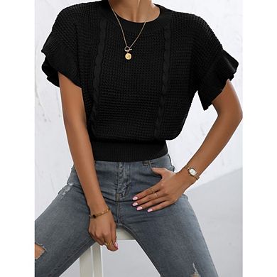 Women's Cable Knit Cropped Sweater Round Neck Ruffle Short Sleeve Openwork Knit Pullover Casual Top
