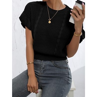 Women's Cable Knit Cropped Sweater Round Neck Ruffle Short Sleeve Openwork Knit Pullover Casual Top