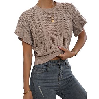 Women's Cable Knit Cropped Sweater Round Neck Ruffle Short Sleeve Openwork Knit Pullover Casual Top