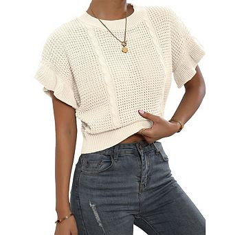 Women's Cable Knit Cropped Sweater Round Neck Ruffle Short Sleeve Openwork Knit Pullover Casual Top