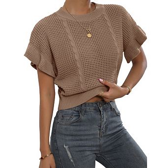 Women's Cable Knit Cropped Sweater Round Neck Ruffle Short Sleeve Openwork Knit Pullover Casual Top
