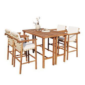 Eazegath 6 pc Outdoor Acacia Wood Bar Set with 2 Table and 4 Armchairs