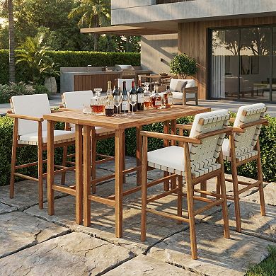 Eazegath 6-Piece Outdoor Acacia Wood Bar Set with 2 Table and 4 Armchairs