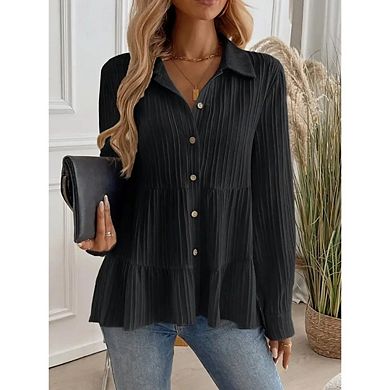 Women’s Button-Down Peplum Blouse, Long Sleeve Collared Loose Fit Textured Shirt Top