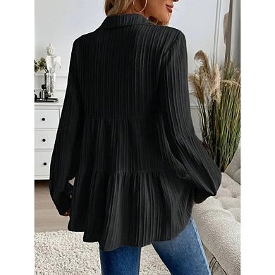 Women’s Button-Down Peplum Blouse, Long Sleeve Collared Loose Fit Textured Shirt Top