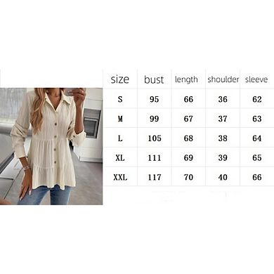 Women’s Button-Down Peplum Blouse, Long Sleeve Collared Loose Fit Textured Shirt Top