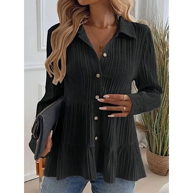 Women’s Button-Down Peplum Blouse, Long Sleeve Collared Loose Fit Textured Shirt Top