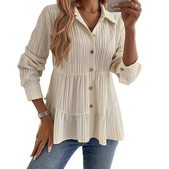 Women’s Button-Down Peplum Blouse, Long Sleeve Collared Loose Fit Textured Shirt Top