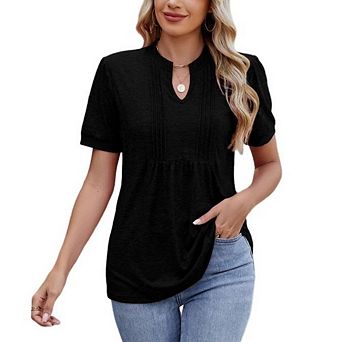 Women's Casual Dressy V Neck Henley T-Shirt Short Sleeve Pleated Front Ruffle Hem Loose Fit Work Top