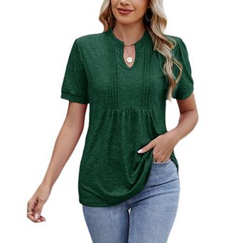 Women's Casual Dressy V Neck Henley T-Shirt Short Sleeve Pleated Front Ruffle Hem Loose Fit Work Top