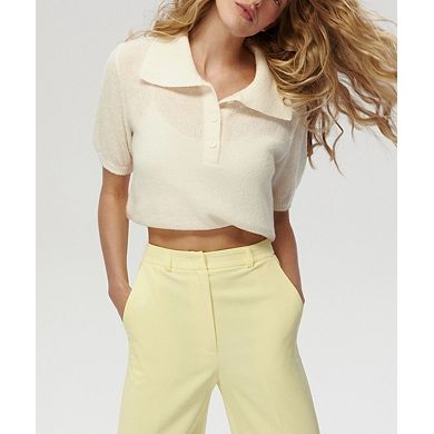 Women's Knit Polo Shirt Puff Sleeve Short Sleeve Sweater Top