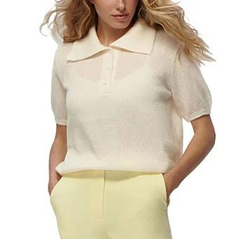 Women's Knit Polo Shirt Puff Sleeve Short Sleeve Sweater Top