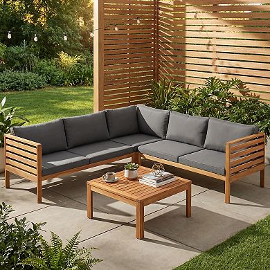 Eazegath 4-Piece Outdoor Acacia Wood Sectional Sofa Set with Coffee Table and Cushions