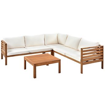 Eazegath 4 pc Outdoor Acacia Wood Sectional Sofa Set with Coffee Table and Cushions
