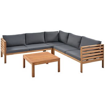 Eazegath 4 pc Outdoor Acacia Wood Sectional Sofa Set with Coffee Table and Cushions