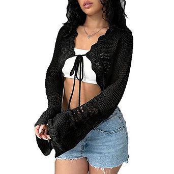 Womens Crochet Knit Cover Up Cardigan V Neck Tie Front Bell Sleeve Sheer Cropped Hollow Out Cover Up