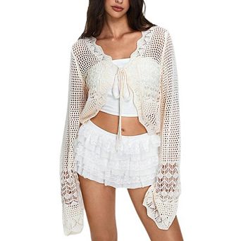 Womens Crochet Knit Cover Up Cardigan V Neck Tie Front Bell Sleeve Sheer Cropped Hollow Out Cover Up