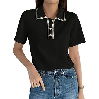 Womens Short Sleeve Polo Shirts Collared V Neck Work Dressy Tops Knit Loose Business Casual Outfits