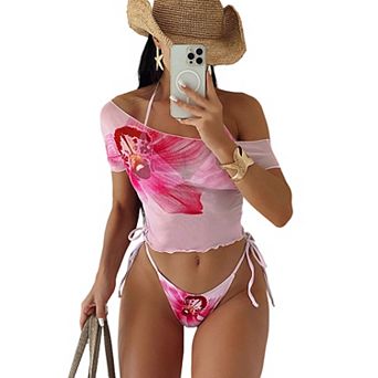 Women 3 pc Bikini Sets Halter String Tops Floral Coverup Triangle Swimsuits Beach Swimwear