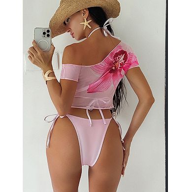 Women 3pcs Bikini Sets Halter String Tops Floral Coverup Triangle Swimsuits Beach Swimwear