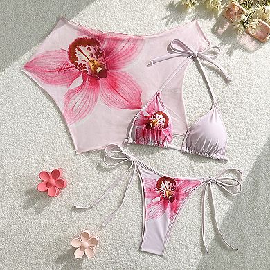 Women 3pcs Bikini Sets Halter String Tops Floral Coverup Triangle Swimsuits Beach Swimwear