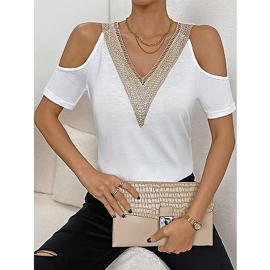 Women's Lace Applique Short Sleeve Loose Tee