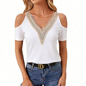 Women's Lace Applique Short Sleeve Loose Tee