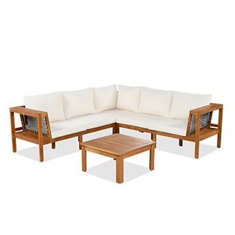 Eazegath 4 pc Outdoor Acacia Wood L-Shaped Sectional Sofa Set with Coffee Table and Cushions
