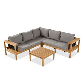 Eazegath 4 pc Outdoor Acacia Wood L-Shaped Sectional Sofa Set with Coffee Table and Cushions