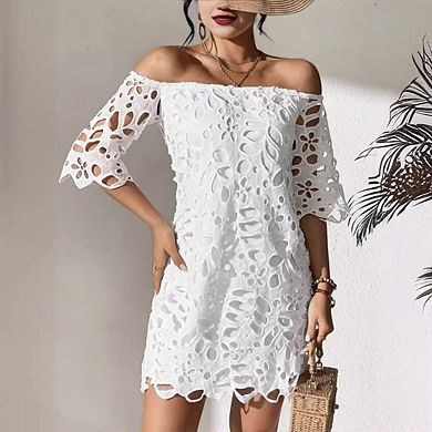 Vintage Floral Lace Off-Shoulder Mini Dress Flutter Sleeve Spring/Summer Dress
