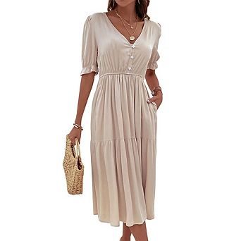 Women's Summer Casual Puff Short Sleeve V Neck Midi Dresses A-line Tiered Solid Color Dress