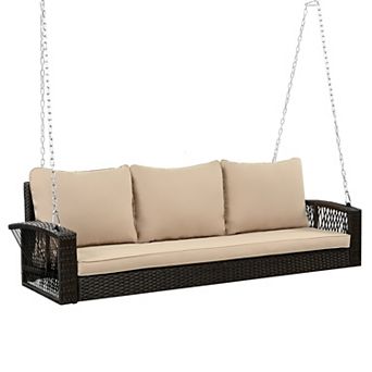 Eazegath Large 3-Person 69" Porch Patio Wicker Swing Bench with Chains and Cushions