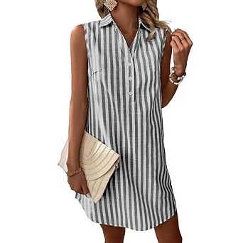 Womens Button Down Dress Casual V Neck Sleeveless Stripe A-Line Sundresses Vacation Beach Dresses